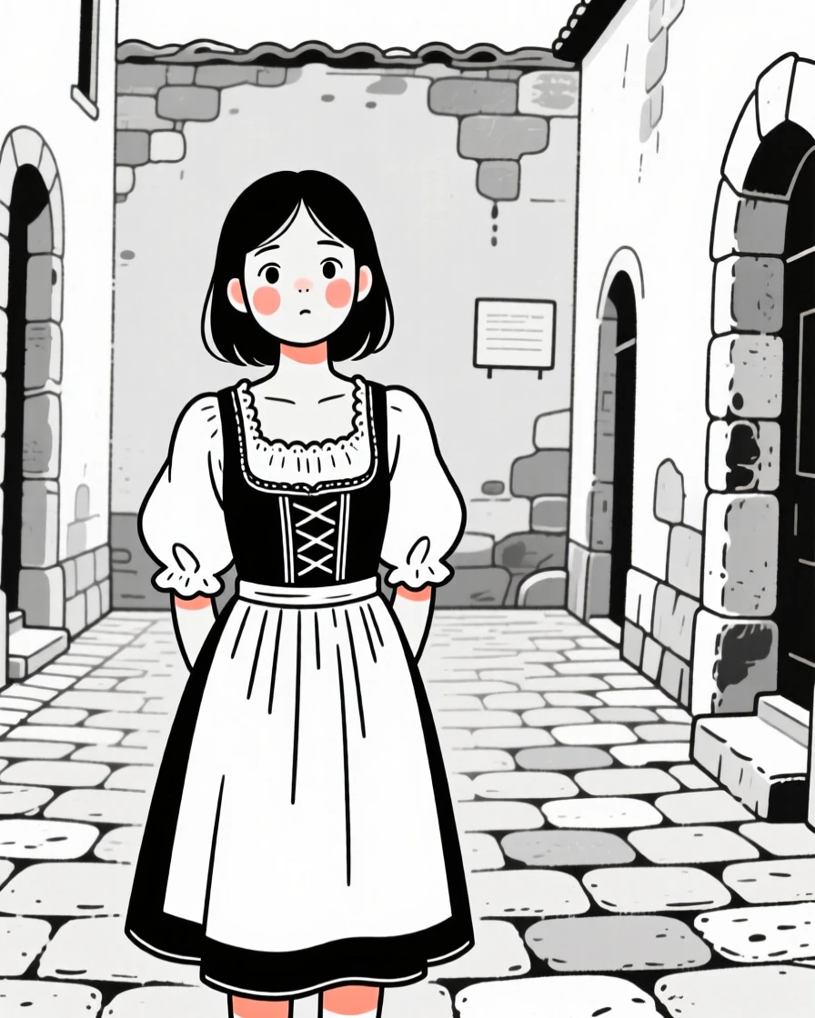 A shy teenager of Iranian heritage wearing a Bavarian dirndl, full of curious wonder, in an old stone courtyard.