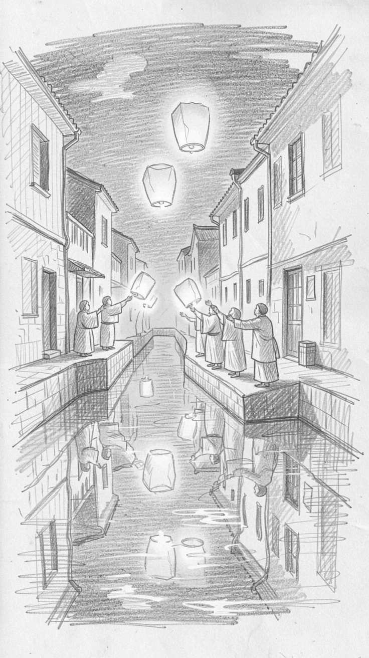 Worshippers releasing glowing paper lanterns into the sky, along a quiet canal lined with old buildings, with reflections shimmering on calm water.