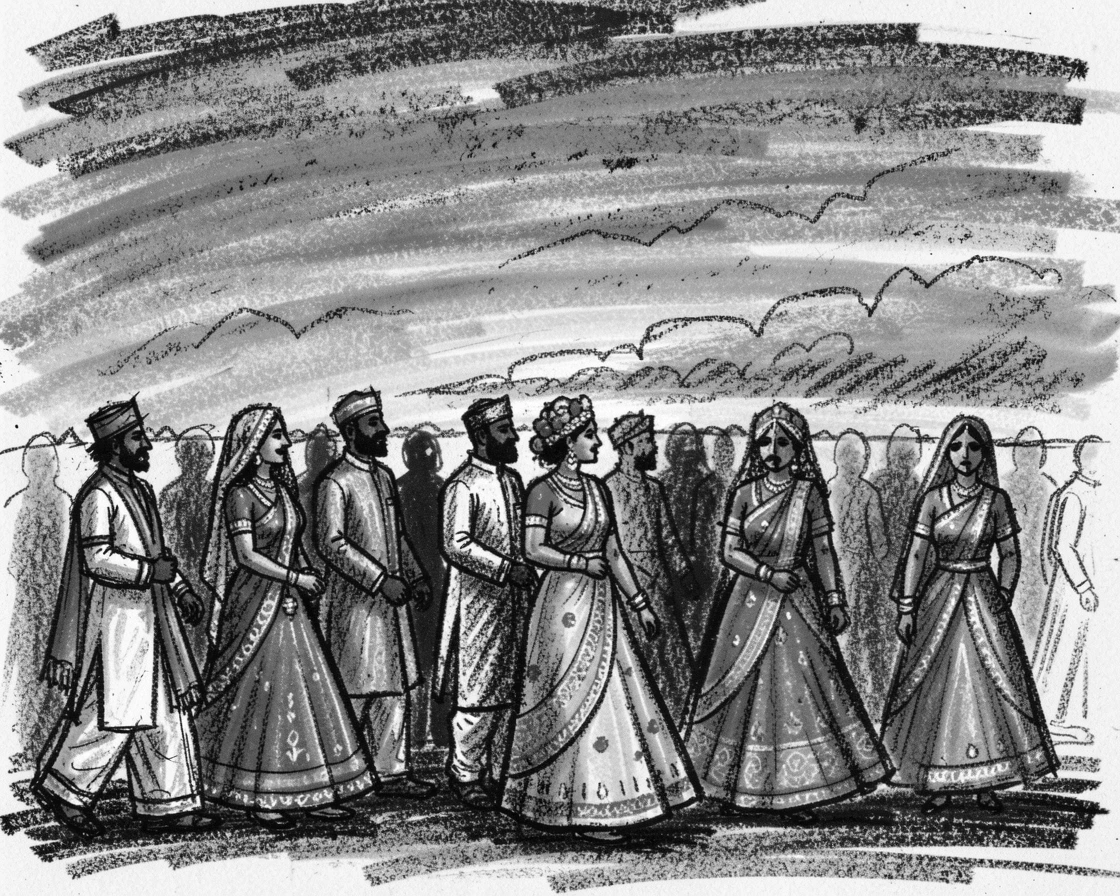 A traditional wedding procession in vibrant Indian attire, beneath a sky streaked with sunset colors.