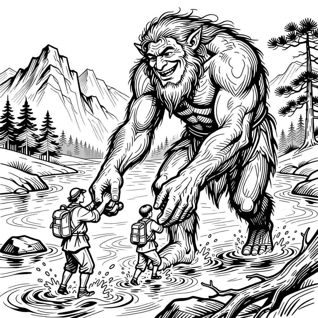 A giant friendly troll helping travelers cross a rushing mountain river.