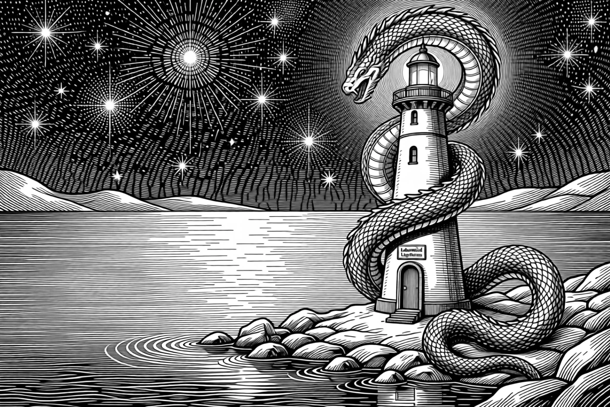 A sea serpent coiling around a lighthouse on the shore of a lake reflecting the stars, with delicate scales catching the moonlight, forming a hauntingly beautiful fantasy scene.