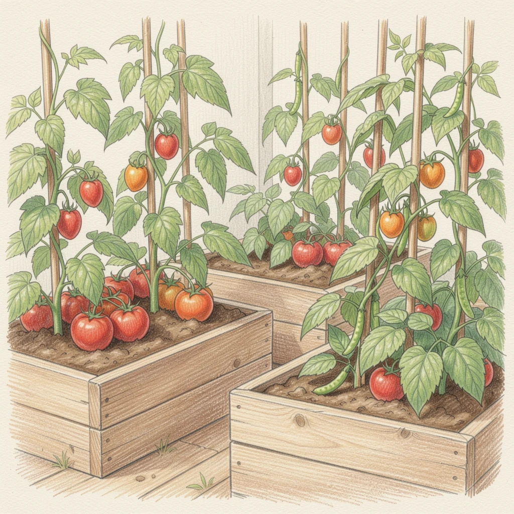 A kitchen garden with raised beds of tomatoes and climbing beans, with delicate details that reward a closer look, radiating comfort, joy, and quiet beauty.
