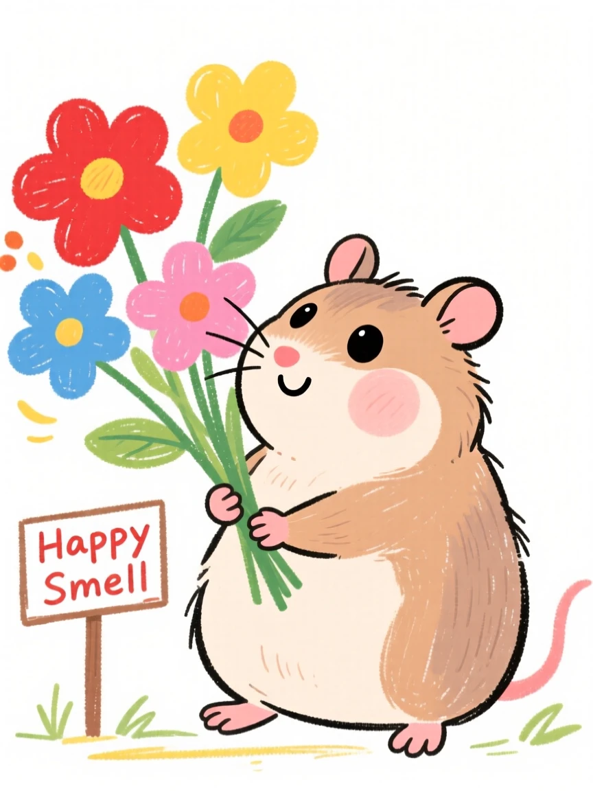 A chubby hamster sniffing a bouquet of fresh flowers.