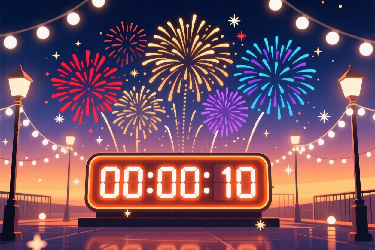 A New Year's Eve countdown with fireworks bursting overhead, surrounded by twinkling fairy lights at dusk, composed with warm inviting light filling the scene, with warm twinkling lights adding a magical sparkle.