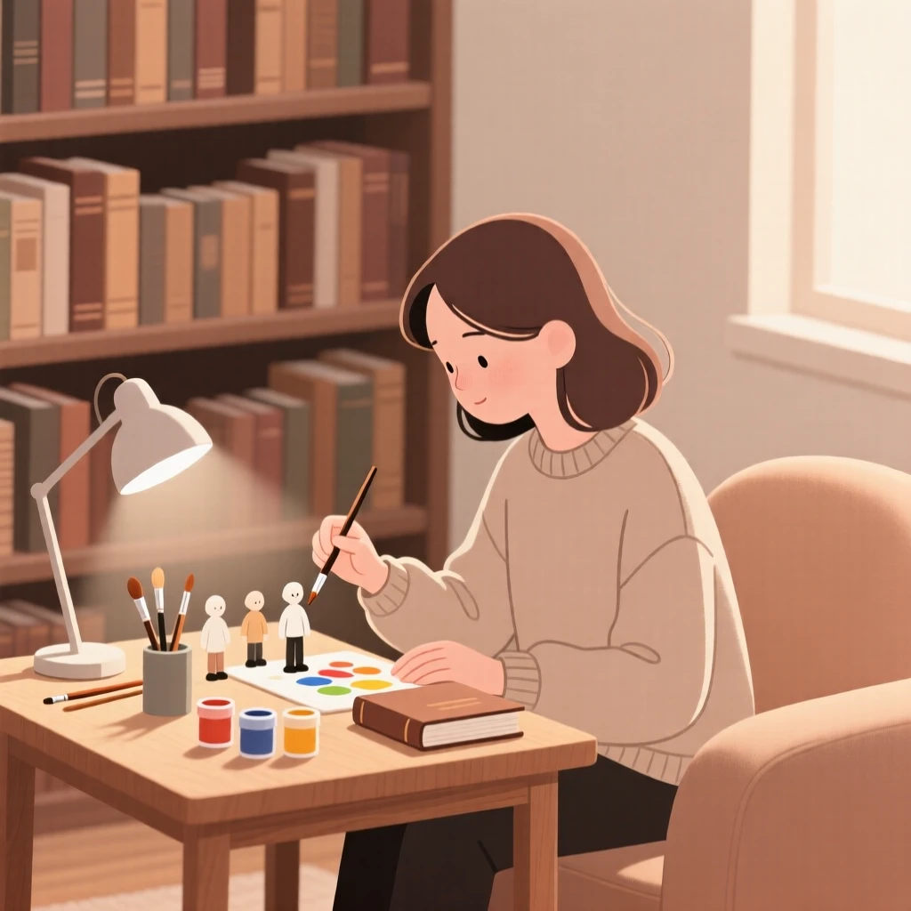 A person painting miniature figures in a cozy reading nook.