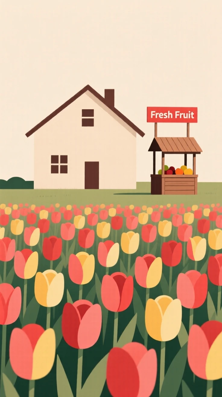 A field of blooming tulips covering a rural farmhouse as a wooden fruit stand appears in the distance, full of festive warmth.