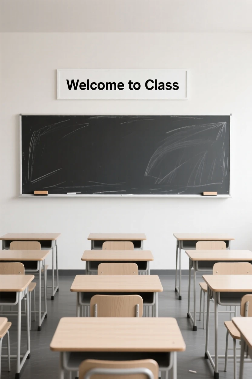 A classroom with rows of desks and a chalkboard