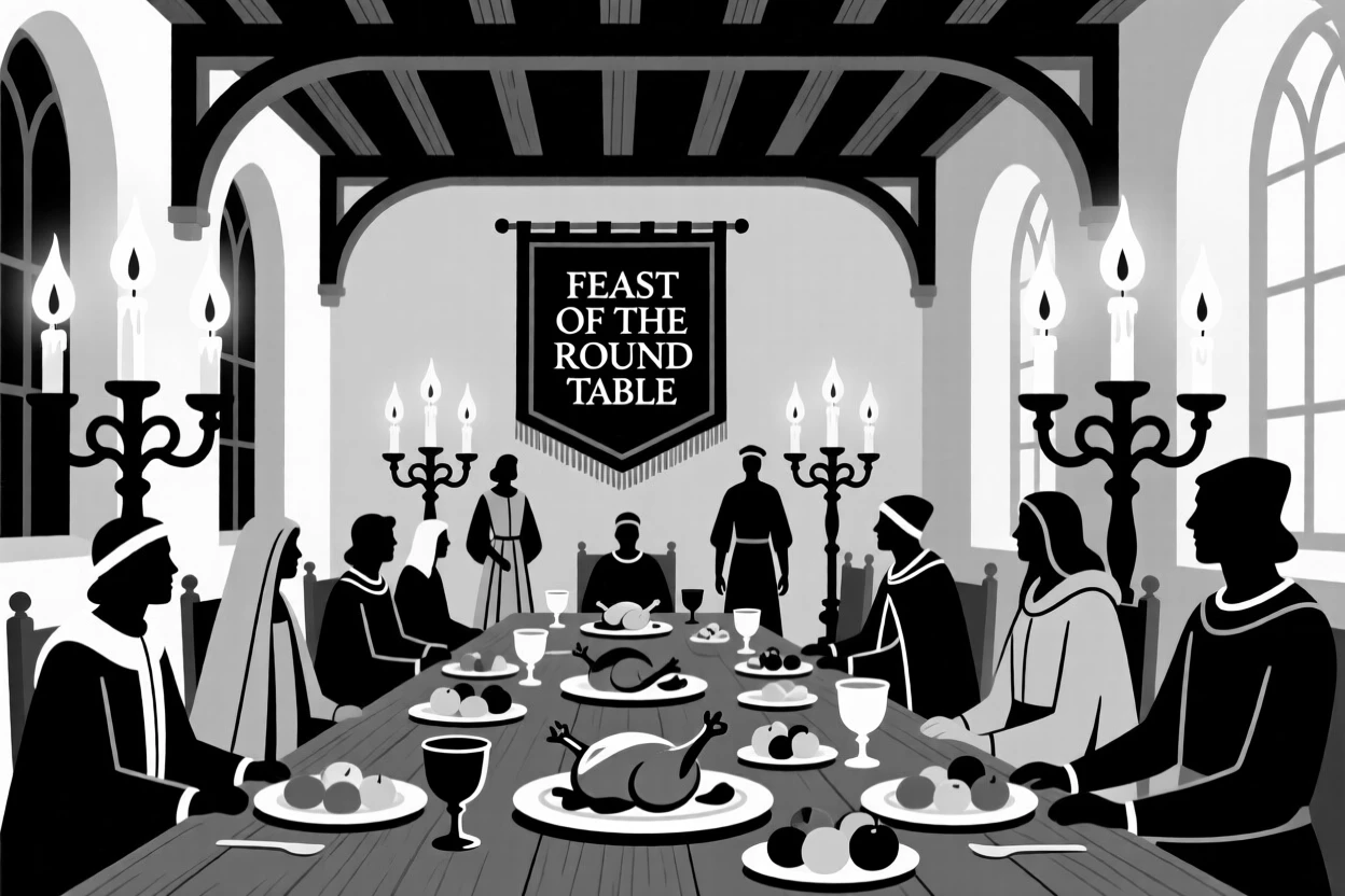 A medieval feast in a great candlelit hall.
