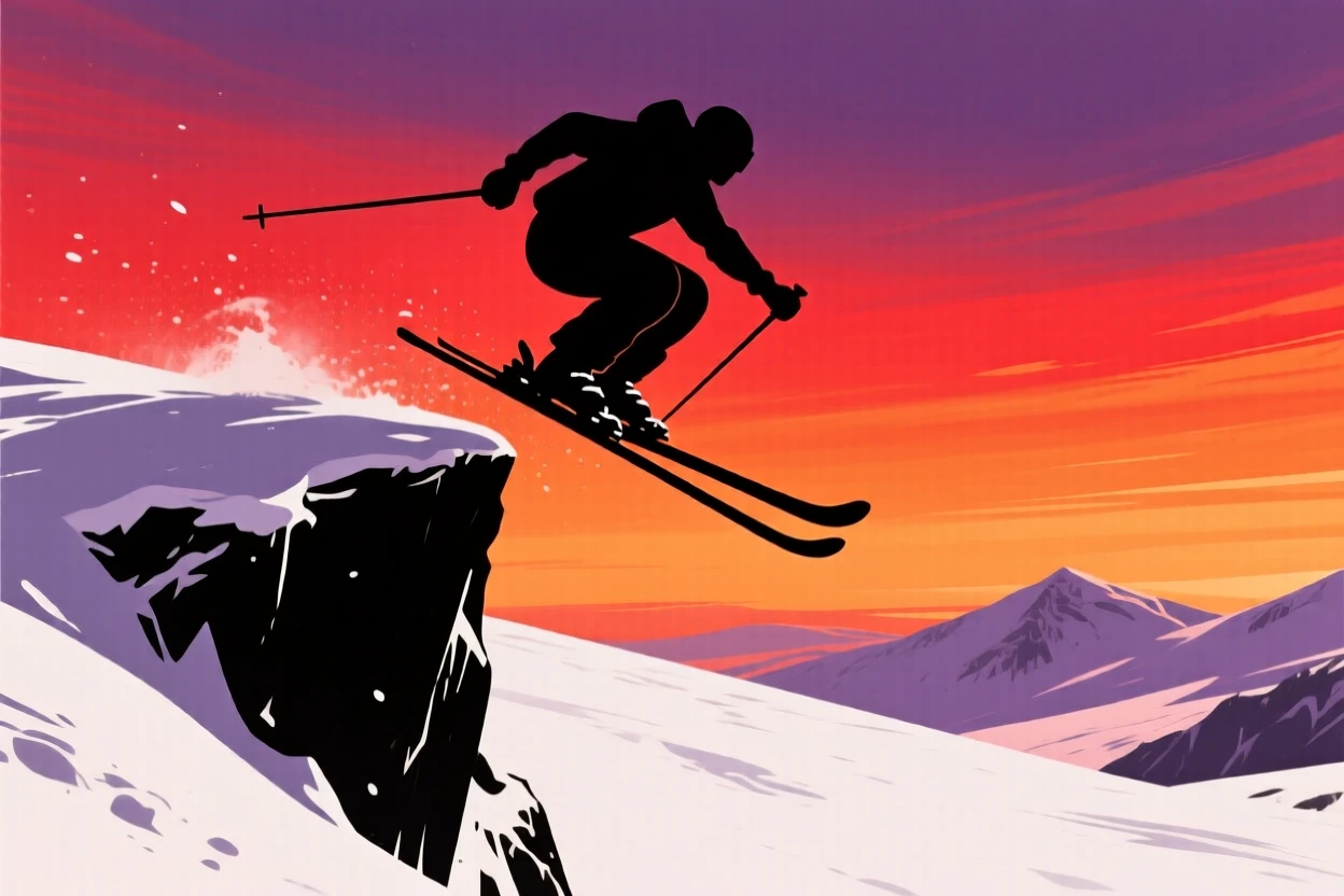 A skier launching off a cornice into deep untouched powder.