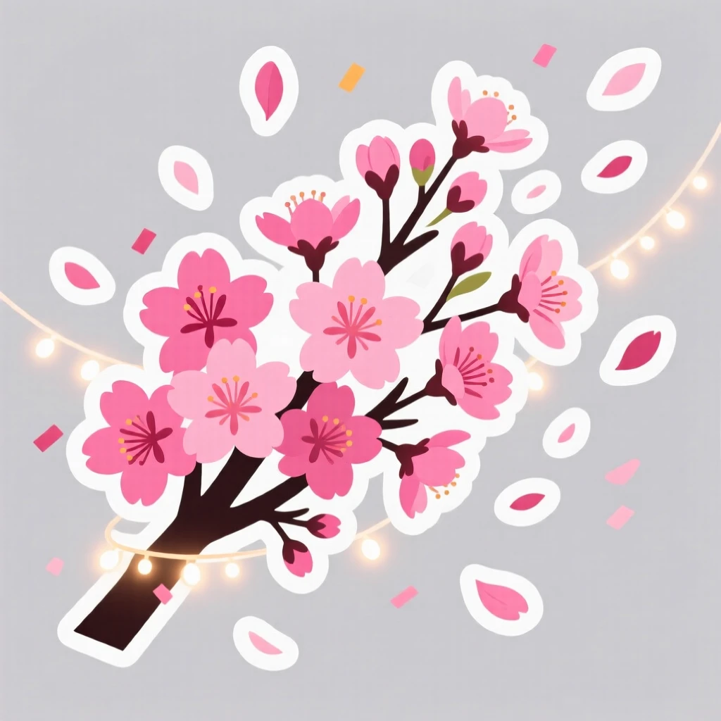 A spirited and joyful spring cherry blossoms falling like confetti, surrounded by twinkling fairy lights, during the most magical time of year.