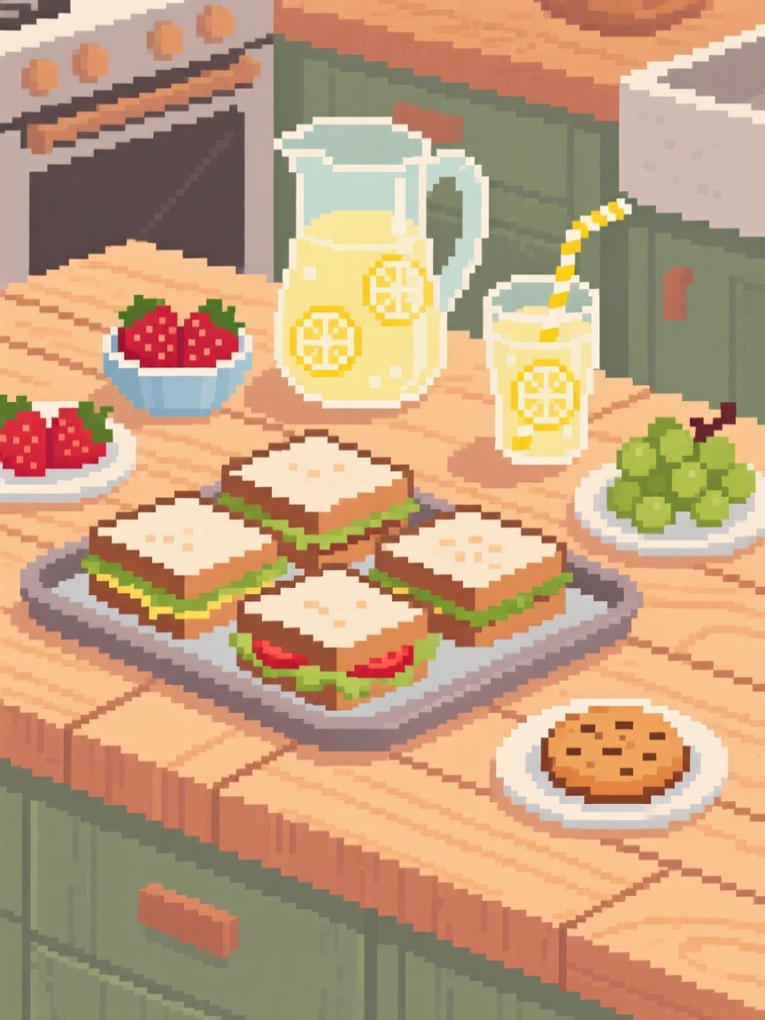A picnic spread of sandwiches and lemonade served on a tray with tiny side dishes, on a farmhouse countertop.