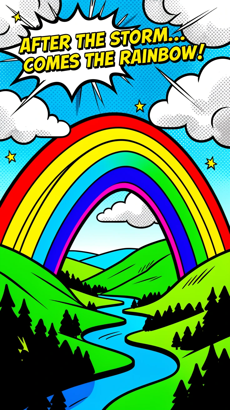 A rainbow stretching across a valley after a summer storm