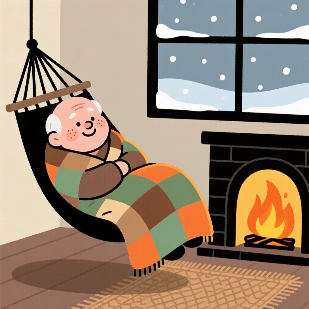 A elderly man curls up in a hammock by the fire beside a crackling fireplace, wrapped in a patchwork blanket while watching snow fall outside.