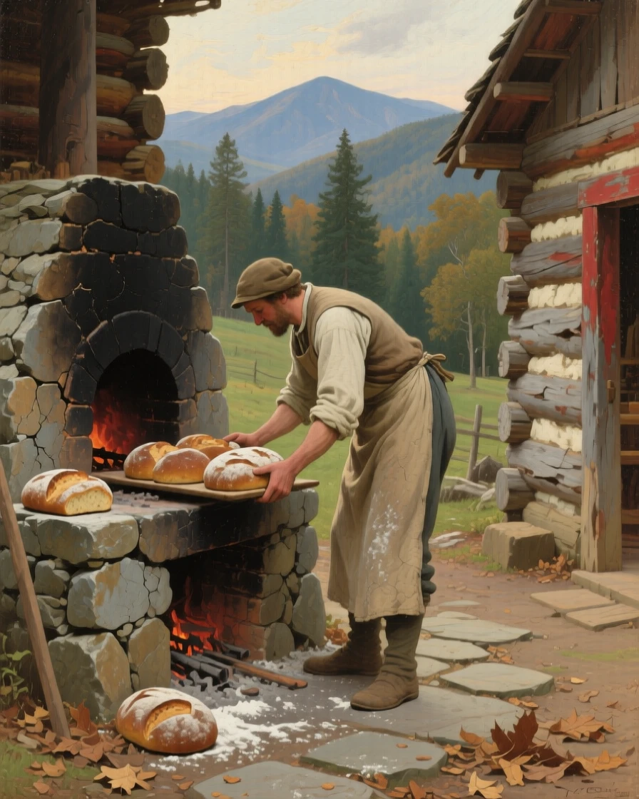 A wide establishing shot of a baker sliding loaves of bread into a stone oven, in the Appalachian mountains, in the 18th century.