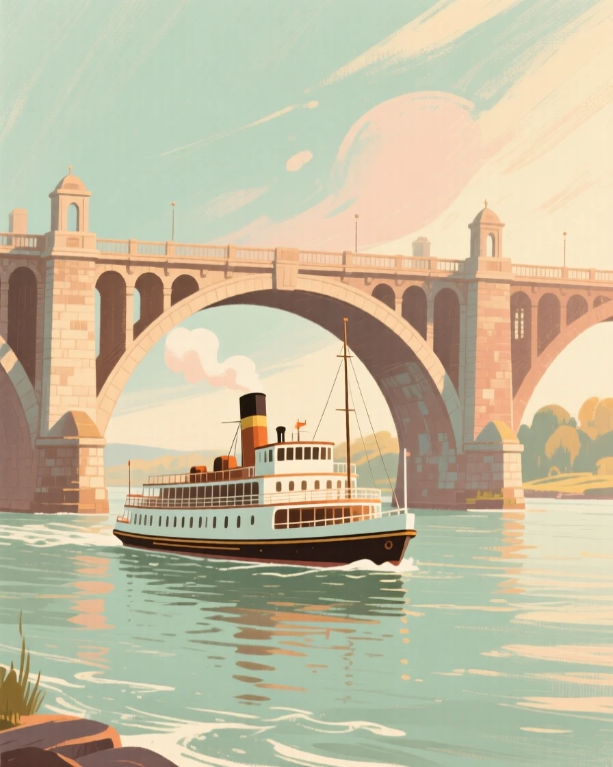 A steam ferry crossing a wide river beneath a stone bridge