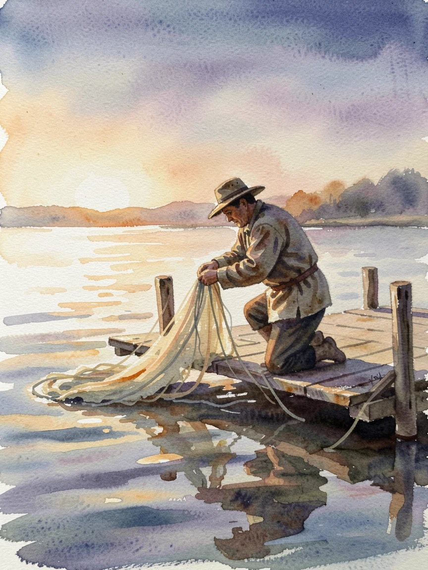 A fisherman mending nets on a wooden dock at dawn with gentle shadows and warm tones.