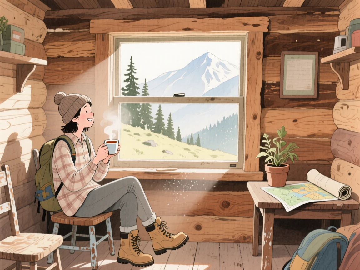 A peaceful scene of someone hiking a mountain trail in a rustic wooden cabin, fully absorbed in a quiet, joyful moment