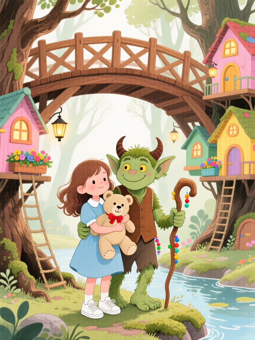 A girl clutching a stuffed bear and a friendly troll under a bridge exploring a magical treehouse village together.
