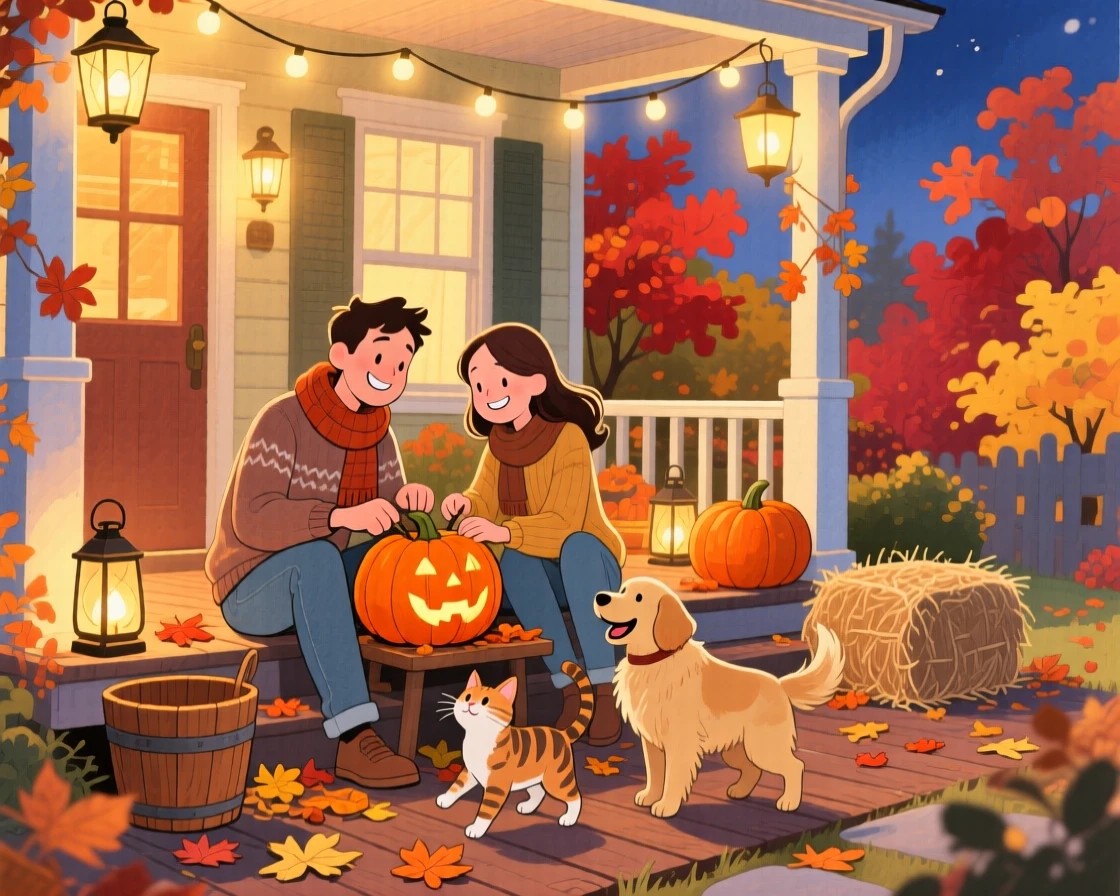 A couple carving pumpkins on a porch, in an autumn evening lit by string lights and lanterns, with a pet weaving happily through everyone's feet, evoking cozy autumn togetherness.