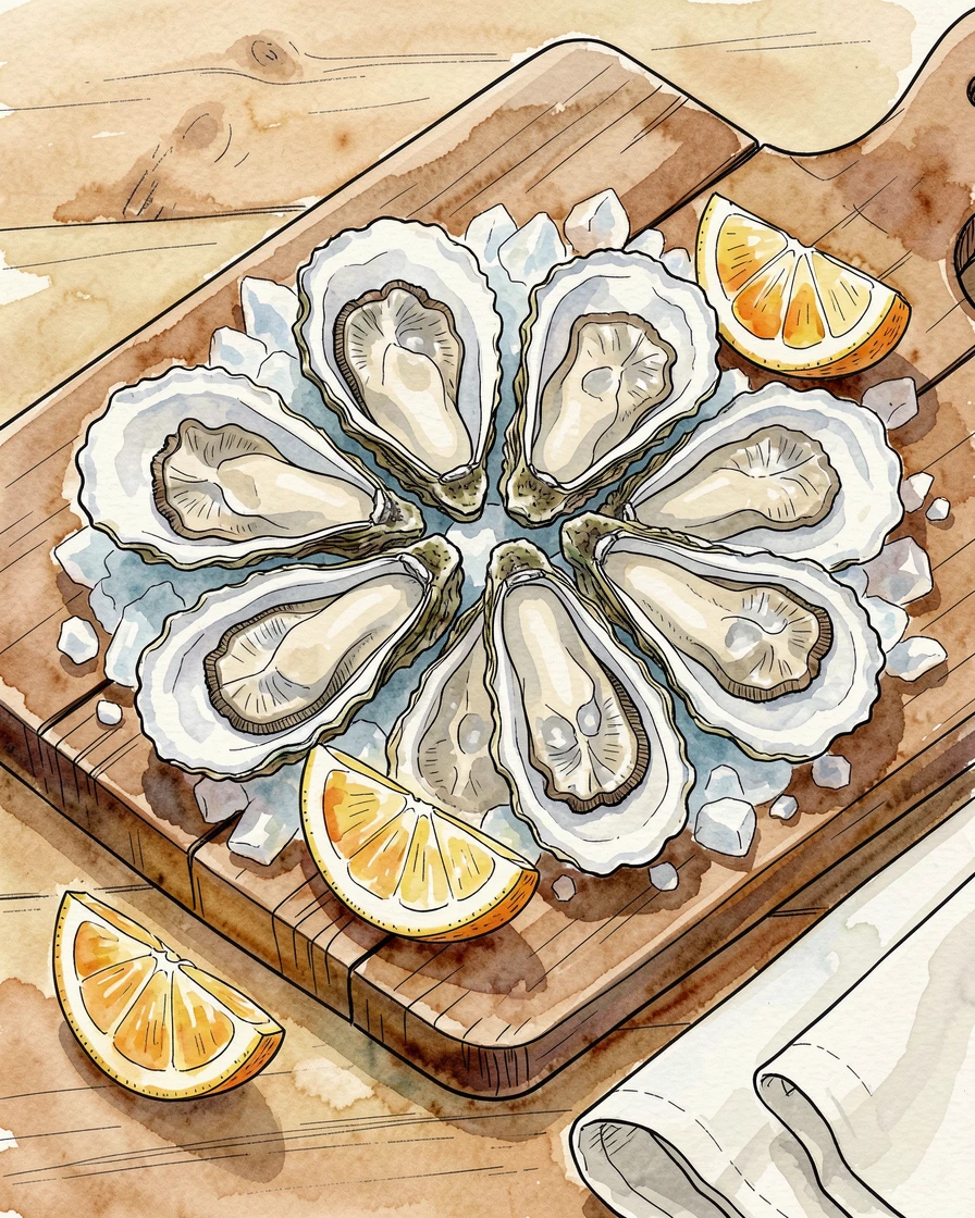 A wooden board of fresh oysters on ice with lemon wedges, a cozy, homemade atmosphere filling the scene.