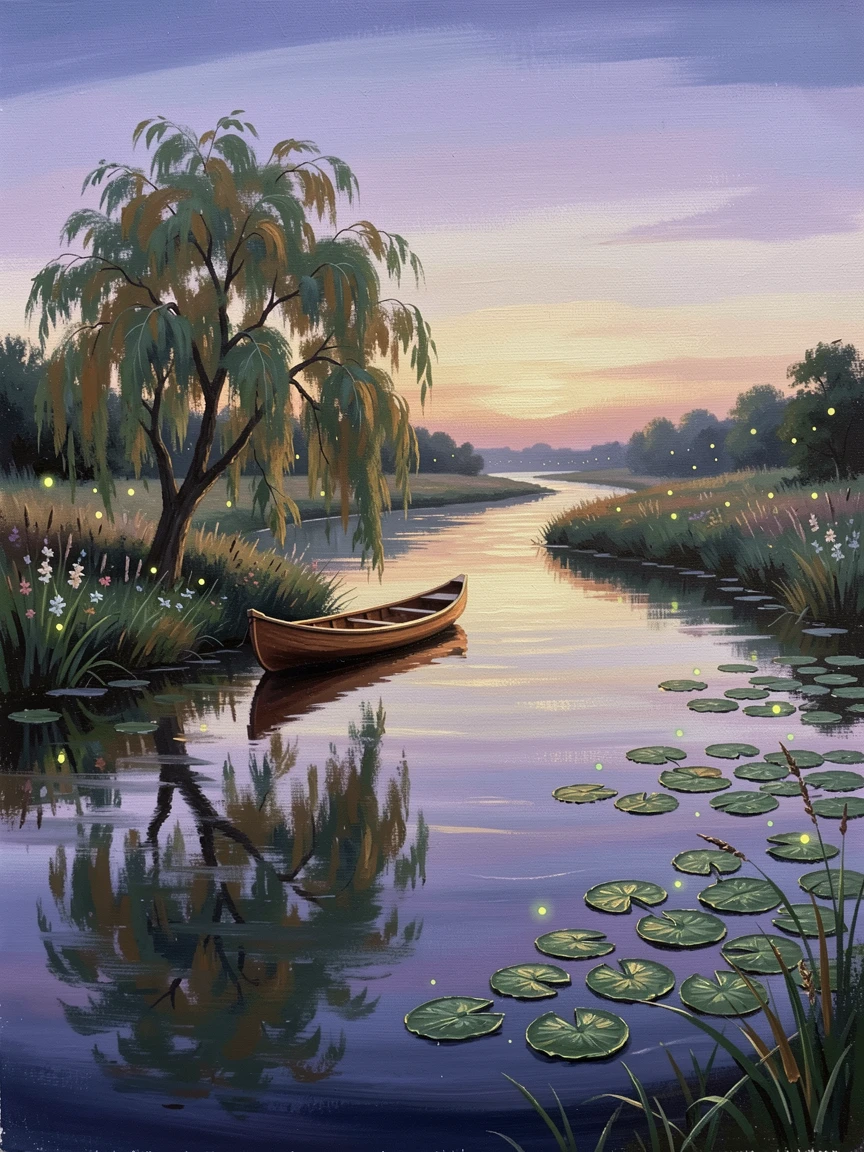 A wide, meandering river through open countryside, a canoe drifting quietly past overhanging branches, with lily pads scattered across the surface near the shore, on a calm summer evening, fireflies rising from the banks.