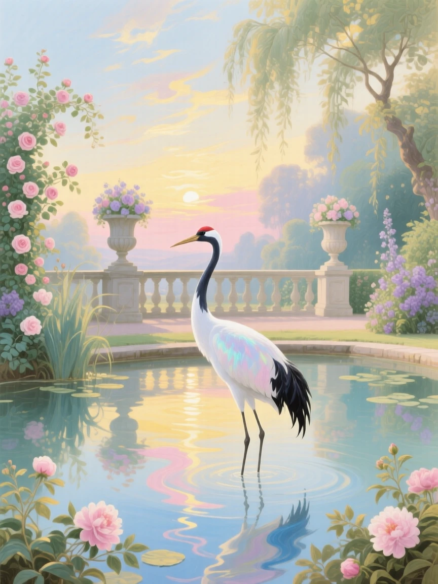 A graceful crane standing in a palace garden pond at sunrise  