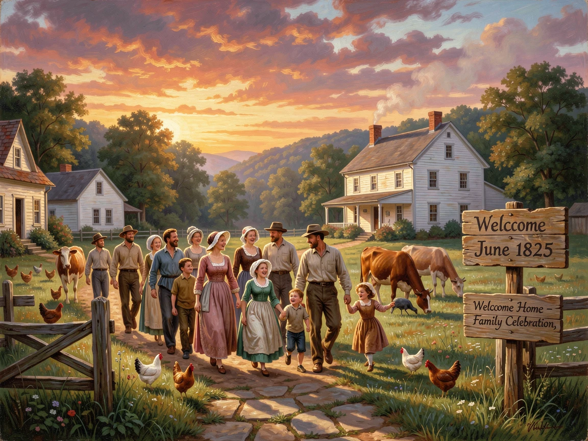 A large family gathering walks together through a farmyard at sunrise during a joyful celebration.