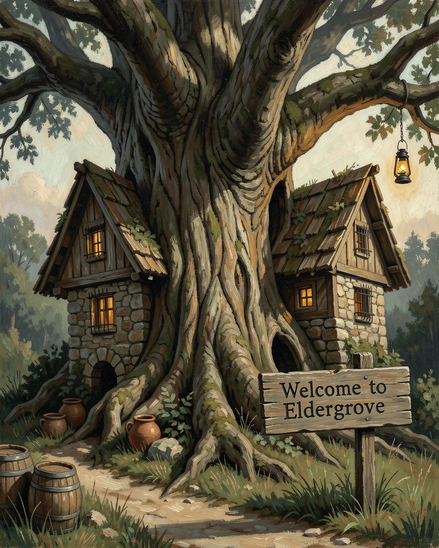 A hidden village built into the side of a massive, ancient tree, with weathered, realistic detail grounding the fantastical elements, evoking wonder, mystery, and epic storytelling