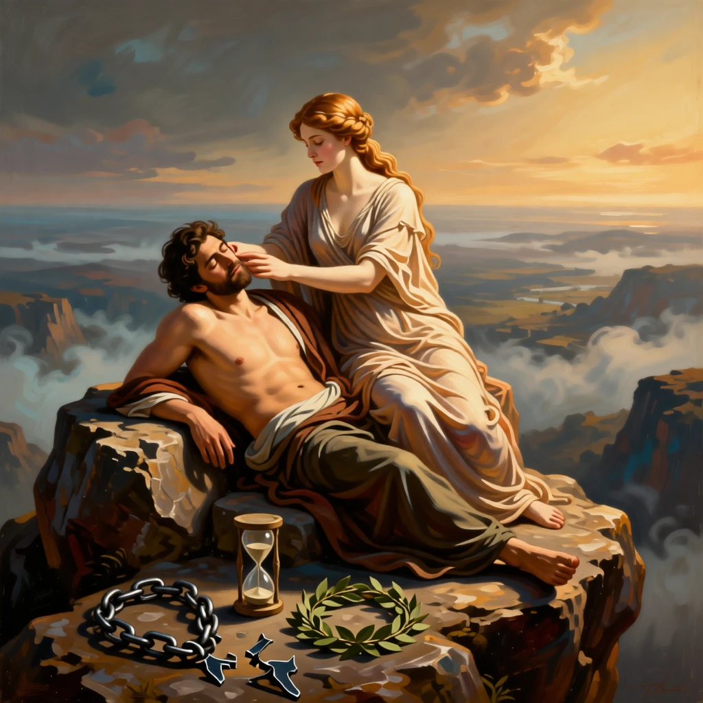 The muse of poetry whispering inspiration to a sleeping artist in a moment charged with timeless symbolic meaning, set atop a rocky promontory overlooking a vast unknown, with symbolic objects such as a broken chain, an hourglass, or a laurel wreath placed with quiet intention; contrasting light and shadow divide the canvas into meaningful halves, suggesting hope, transformation, and the endurance of the human spirit.