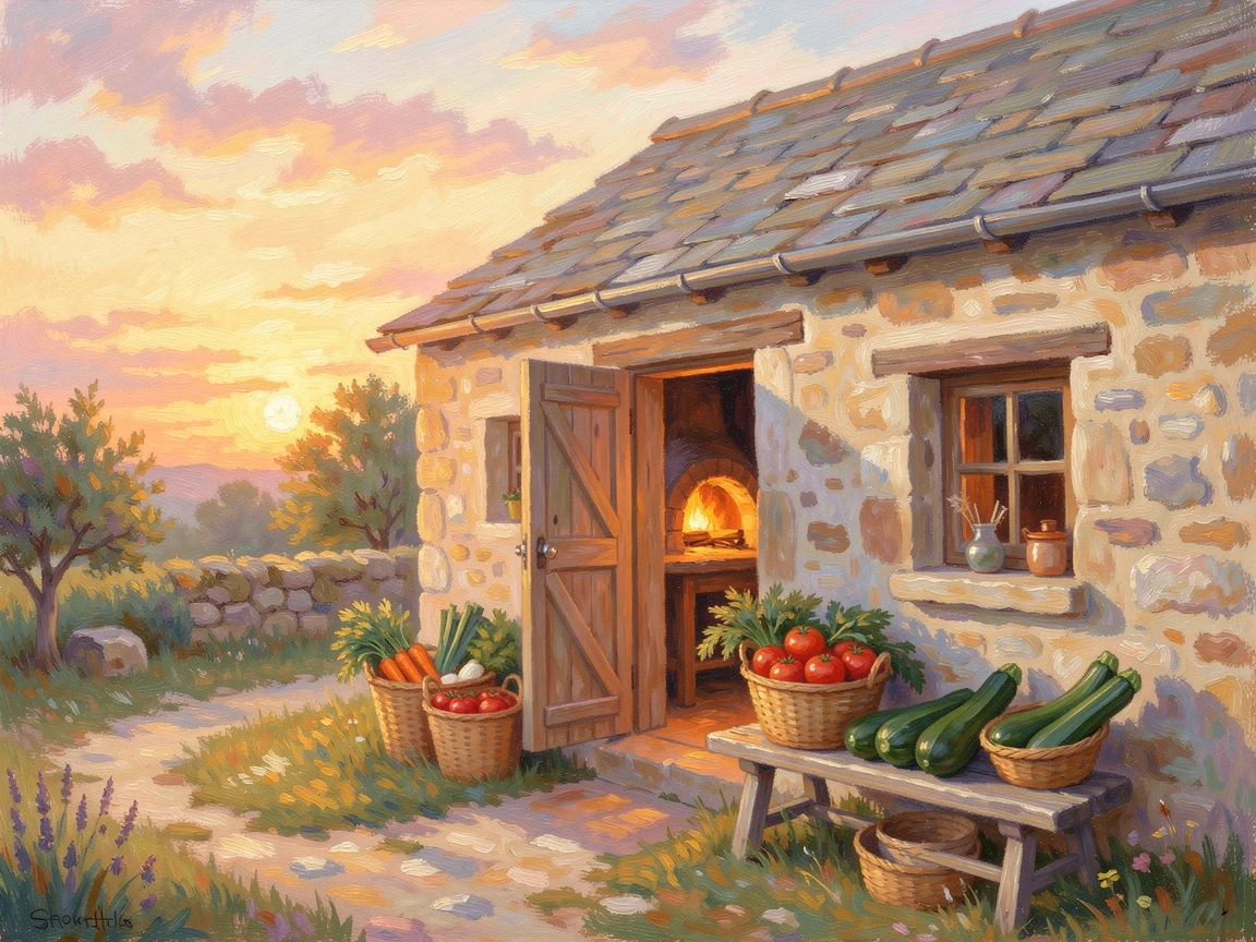 A rustic countryside bakery with a wood-fired oven and baskets of fresh vegetables by the door, under a glowing sunset sky, filled with warmth and nostalgia.