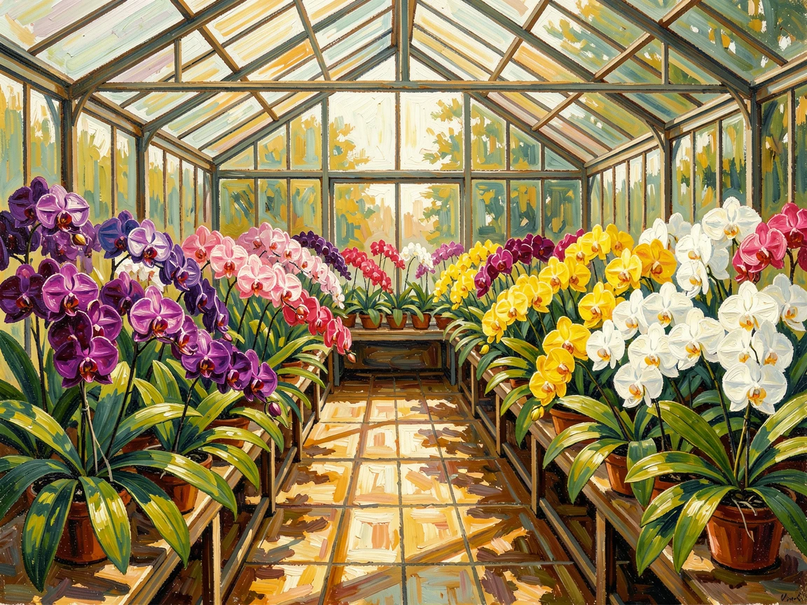 A greenhouse filled with rows of blooming orchids catching soft filtered light.