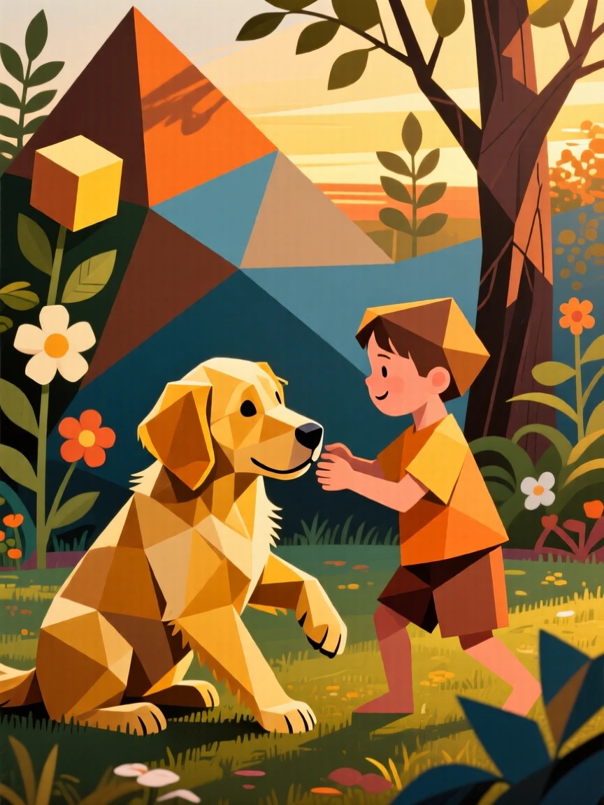 A charming portrait of a golden retriever puppy playing with a child in a garden, in the warm evening light.