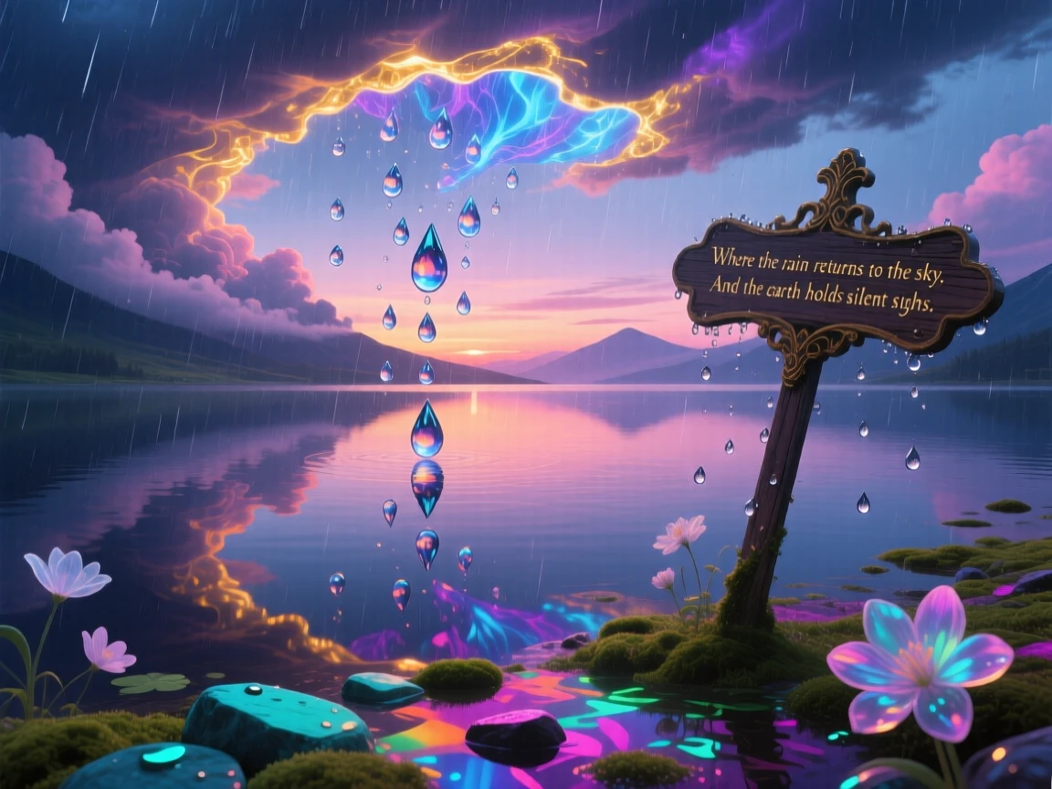 A rainstorm falling upward from a still, quiet lake moves slowly across a horizon streaked with fading light, while the ground below begins to shimmer with quiet color.