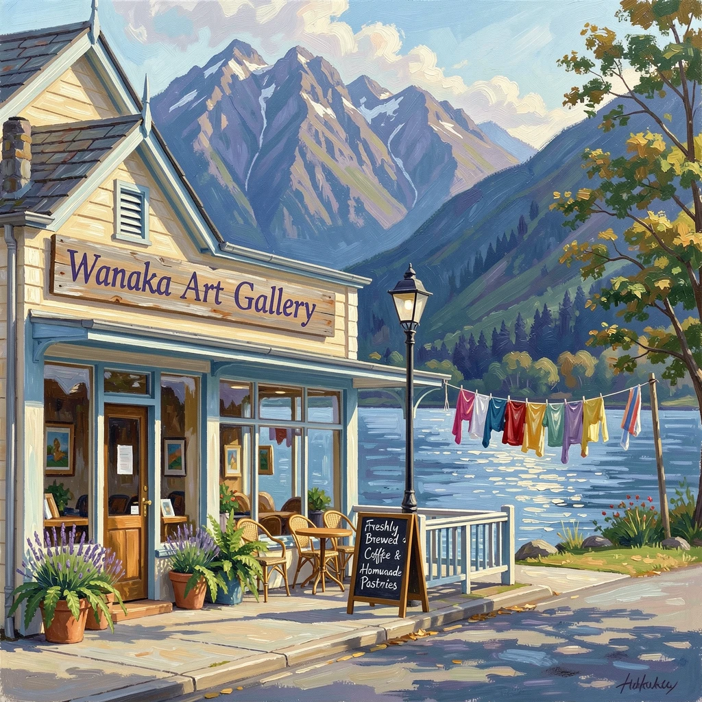 A colorful street in Wanaka, New Zealand, shows an art gallery and café beside a lake framed by dramatic mountain peaks, small everyday details, like drying laundry or potted plants, giving the scene a lived-in warmth.