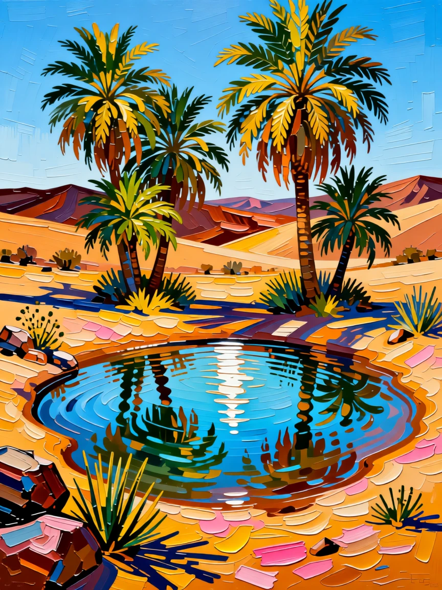 A remote desert oasis with palm trees encircling a small pool of clear water