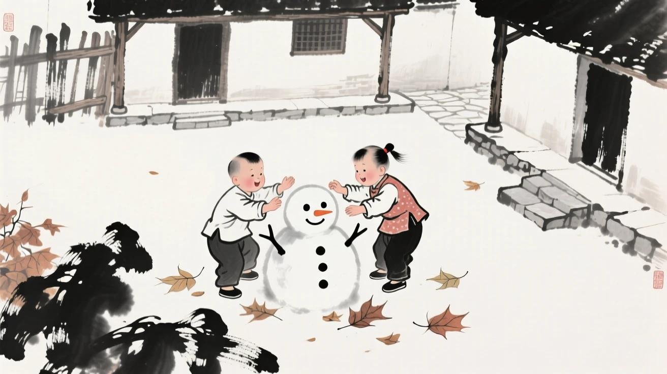 Children build a small snowman in a quiet village courtyard, as autumn leaves scatter around their feet.