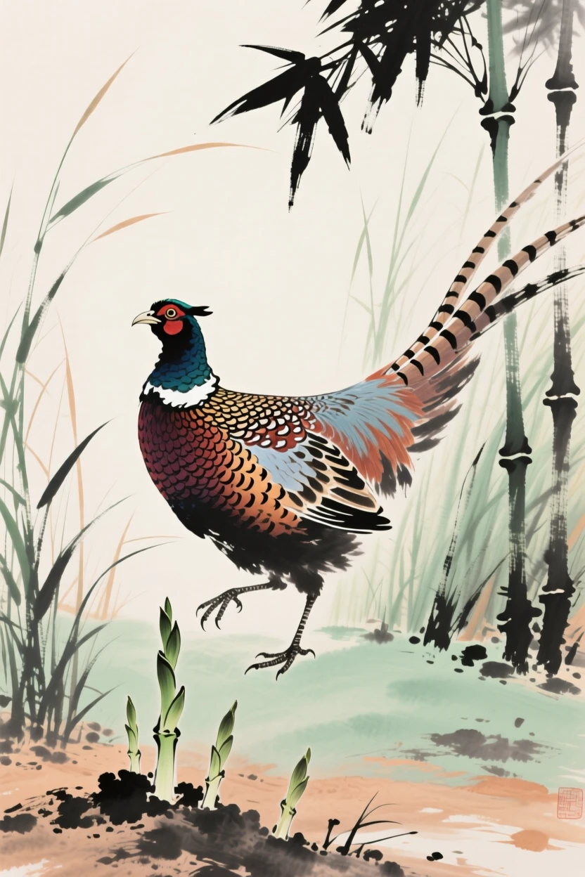 A pheasant with brilliant plumage stepping through tall grass, as new bamboo shoots break through the soil, conveying a deep sense of harmony with nature.