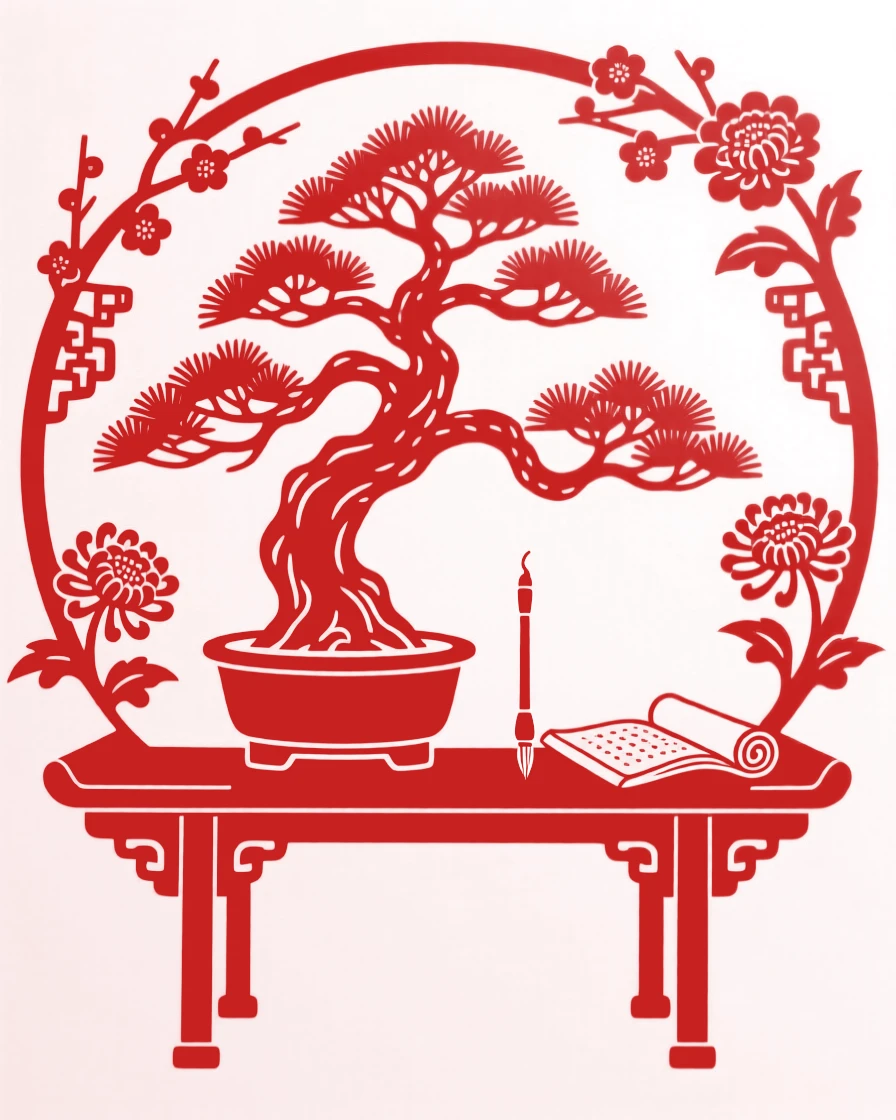 A potted bonsai pine tree on a scholar's desk, its twisted branches trained over years of careful shaping