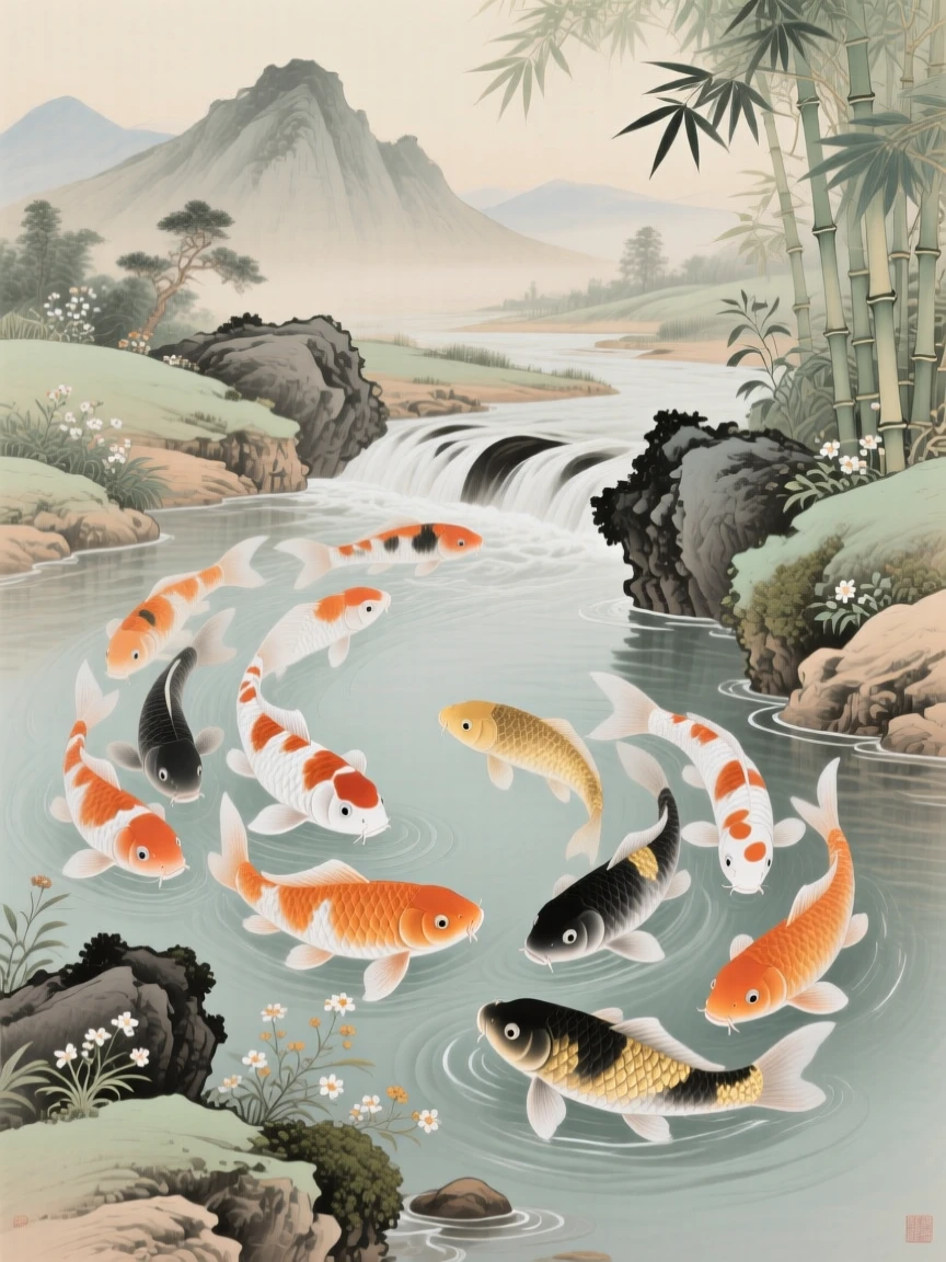 A school of koi fish swimming in circles near the mouth of a quiet mountain stream