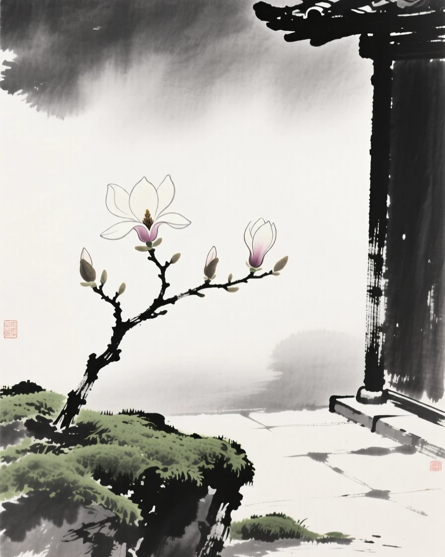 A blooming magnolia branch at the edge of a moss-covered courtyard, set against a soft gradient of misty background, evoking quiet elegance and simple grace.