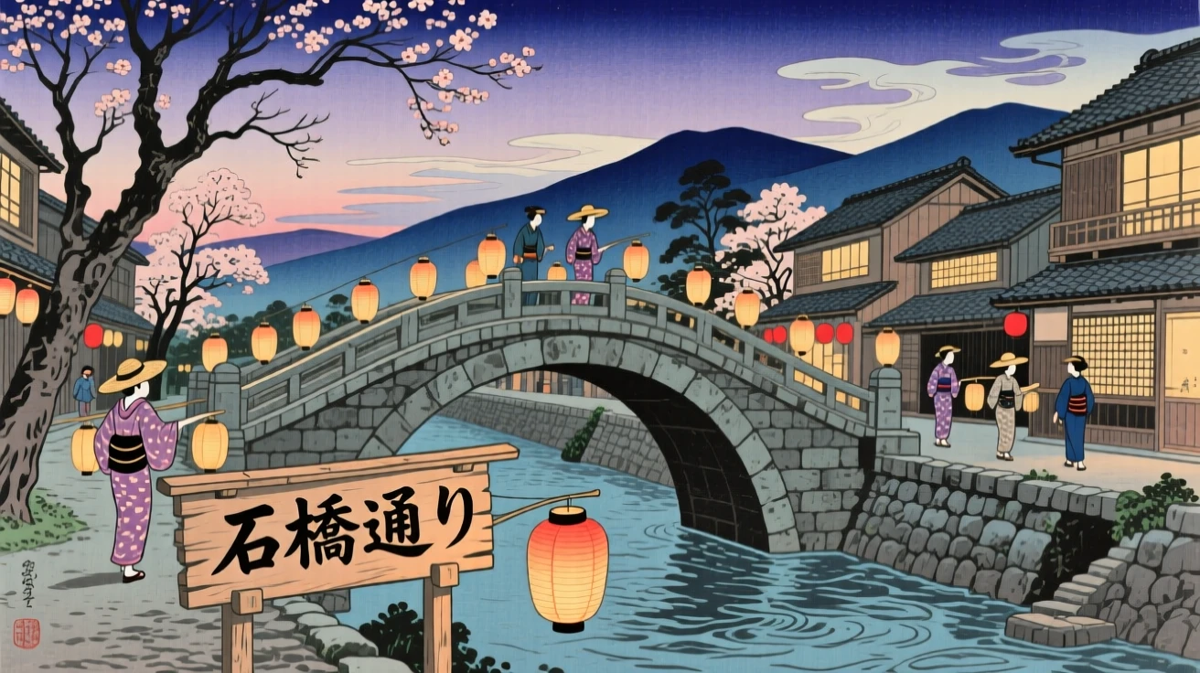 A stone canal bridge bustling with lantern light at dusk.