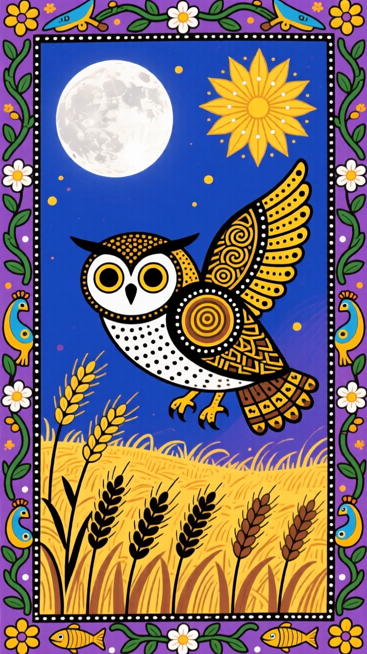 A barn owl gliding silently over a moonlit hayfield.