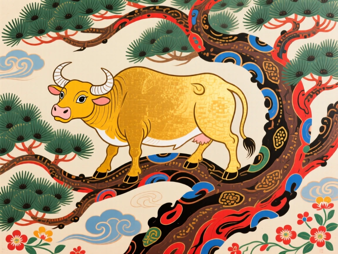 A golden ox, perched atop an ancient pine.