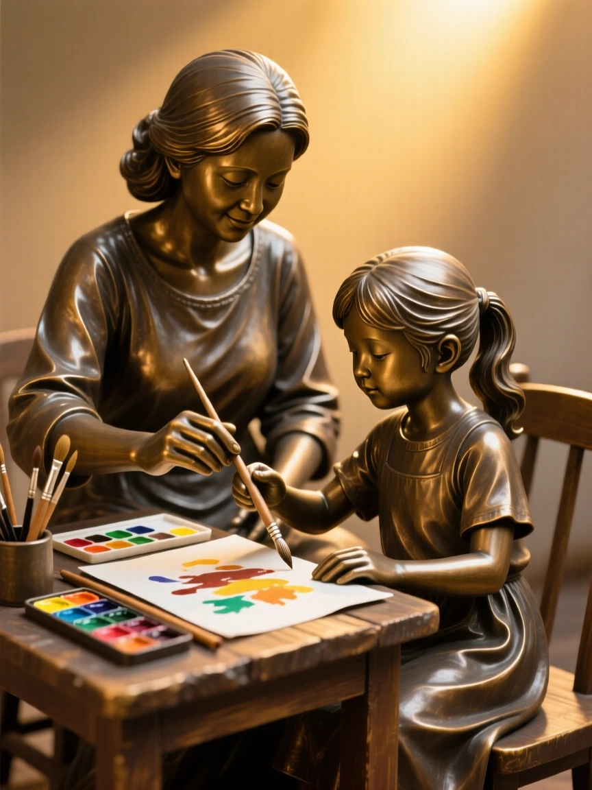 A mother teaching her daughter to paint watercolors, bathed in warm, golden light, forming a strong central focal point