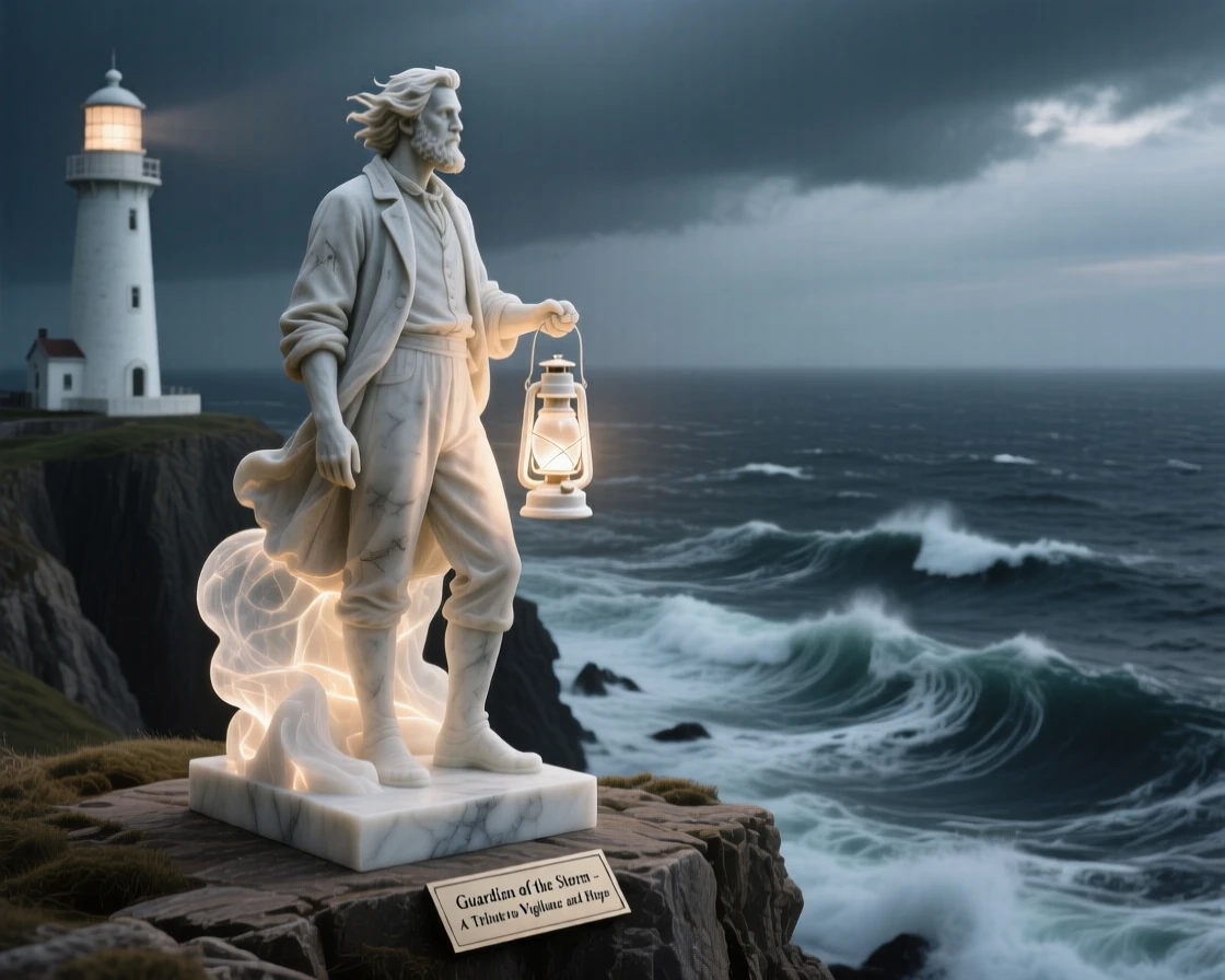 An evocative depiction of a lighthouse keeper watching over a stormy sea, surrounded by soft, glowing light, balancing detail with emotional depth