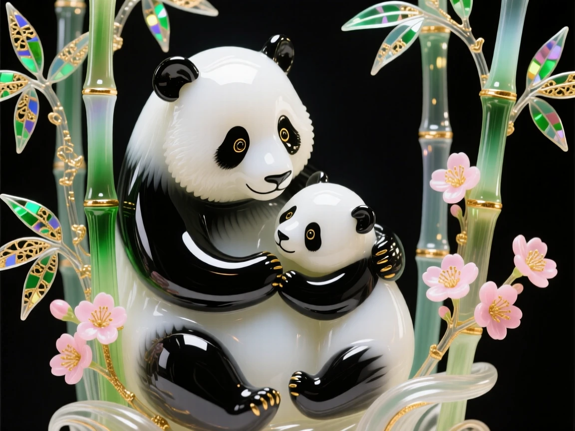 A mother panda cradling her cub among blooming bamboo, tender and endearing.