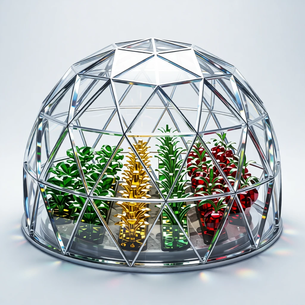 A futuristic greenhouse dome on the moon glowing with rows of Earth crops.