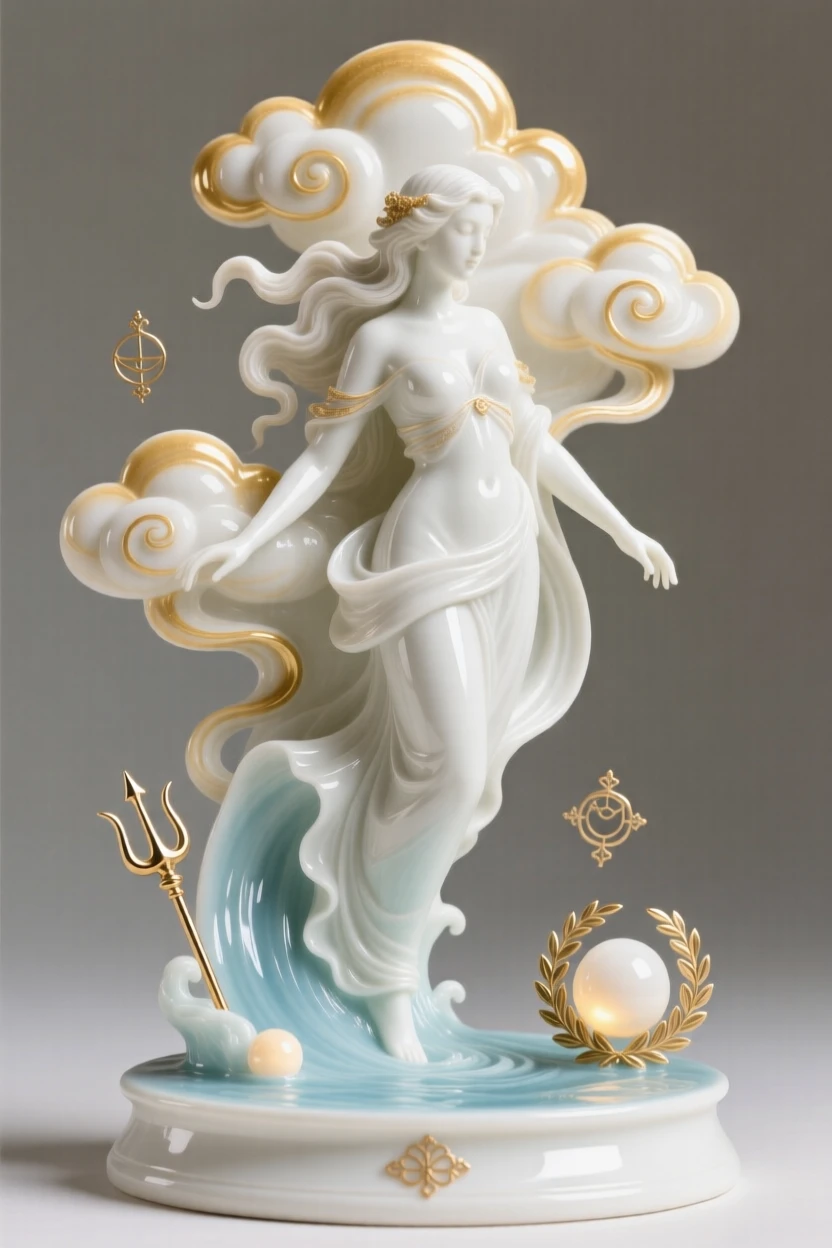 A mythological moment: a river nymph descending from golden clouds, surrounded by symbols of divine power.