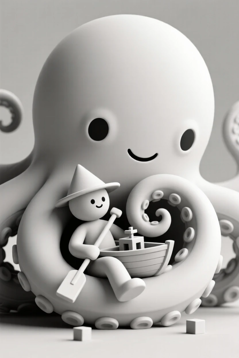 A gentle giant kraken cradles a tiny shipwrecked sailor safely in one massive curled tentacle.