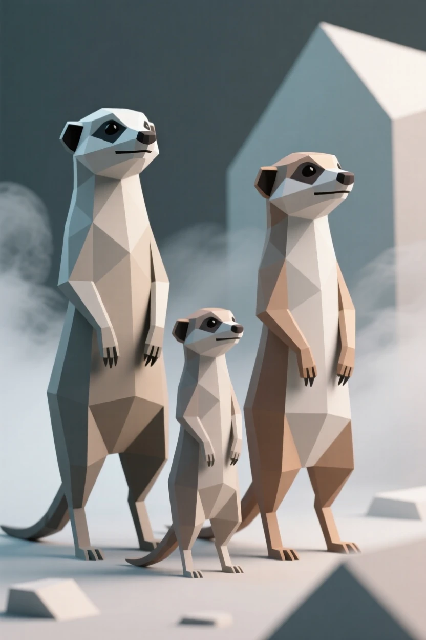 A family of meerkats standing alert on their hind legs, surrounded by drifting mist. delicate detail is visible in the fur and eyes. It captures a fleeting moment of freedom.